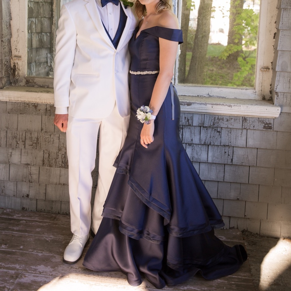 Navy off the shoulder Prom dress